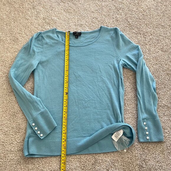Talbots Pure Merino Wool Sky Blue Pearl Accent Sweater size Petite Medium NWOT - Picture 8 of 9
